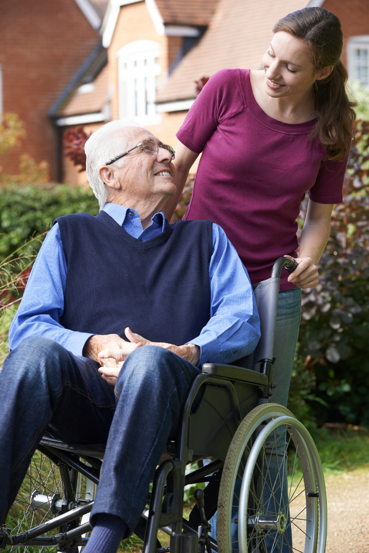 Senior using durable medical equipment to stay at home with their child.